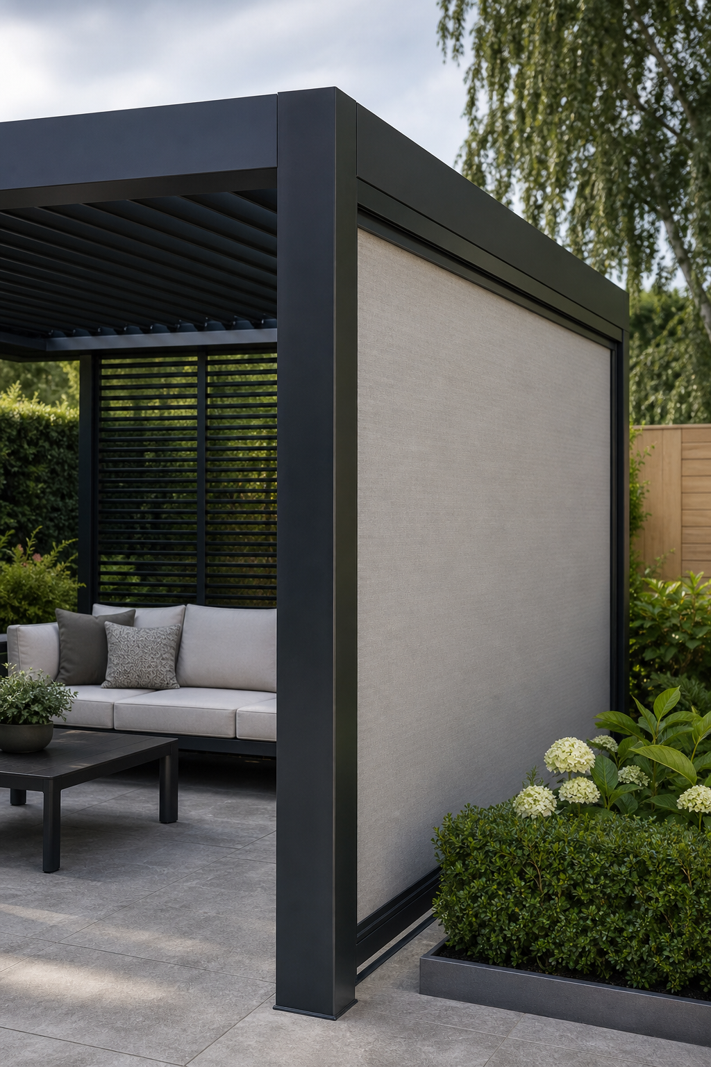 Aluminium pergola with a side screen fitted